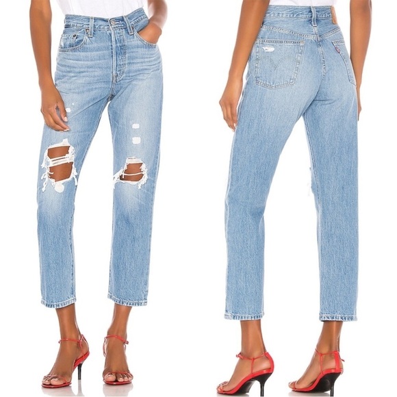Levi's Pants - Levi's 501 Skinny Premium Light Wash Button Fly Straight Leg Distressed Denim 28